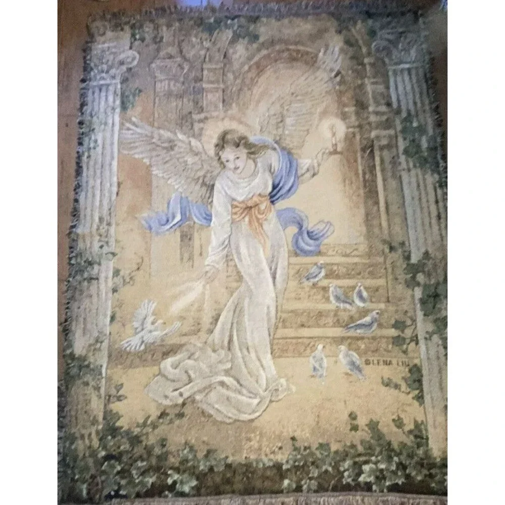 Lena Liu Angel Of Light Doves Tapestry Woven Throw Fringe Blanket 50x58 EUC